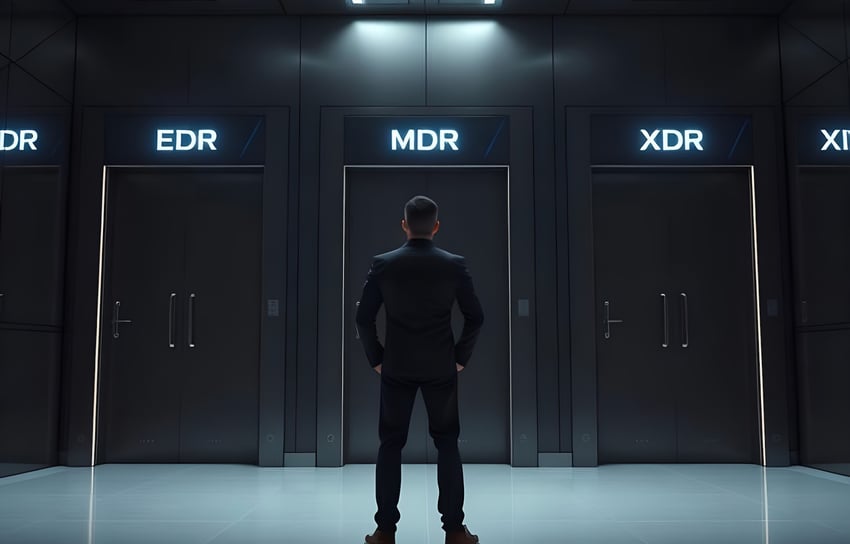 A person stands in front of doors labeled EDR, MDR, and XDR, pondering which cybersecurity solution to choose.