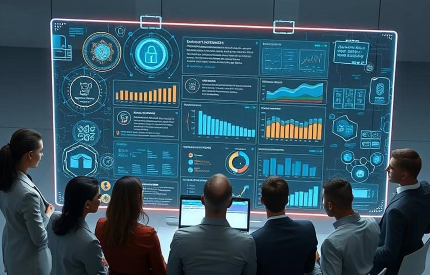 Executives viewing a digital compliance dashboard, emphasizing the importance of leadership in fostering compliance culture