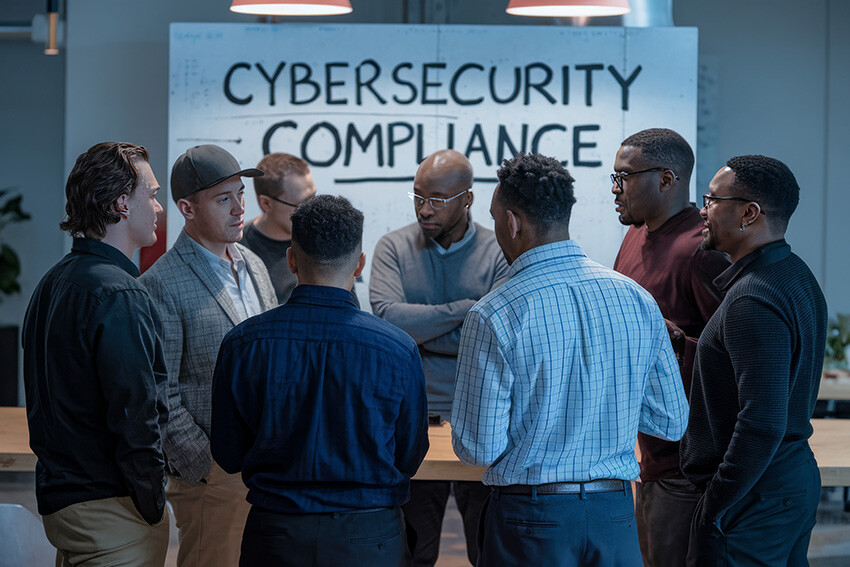 Engineers having a standing meeting in front of a whiteboard with "Cybersecurity Compliance" written in bold.