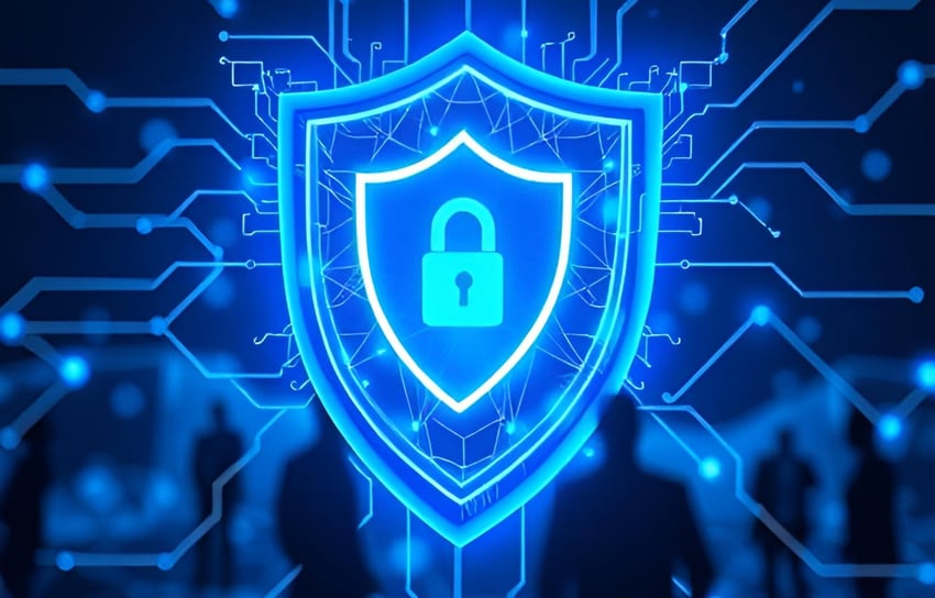A glowing digital shield with a lock symbol representing cybersecurity and data protection