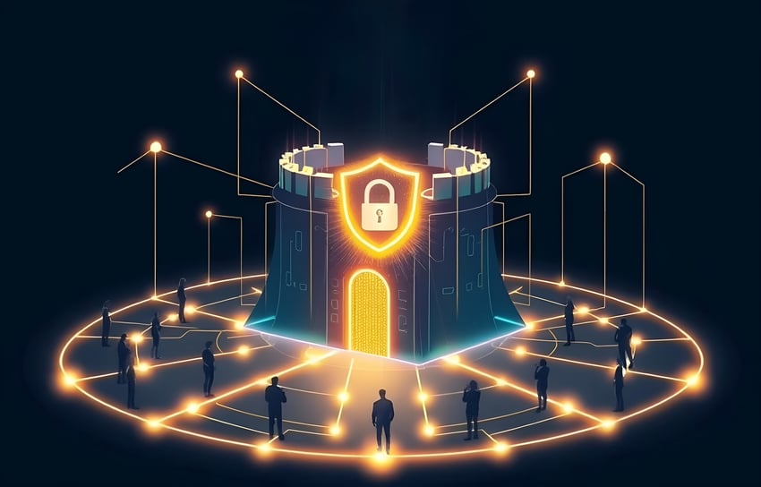 A digital fortress symbolizing cybersecurity trust and protection in a connected world