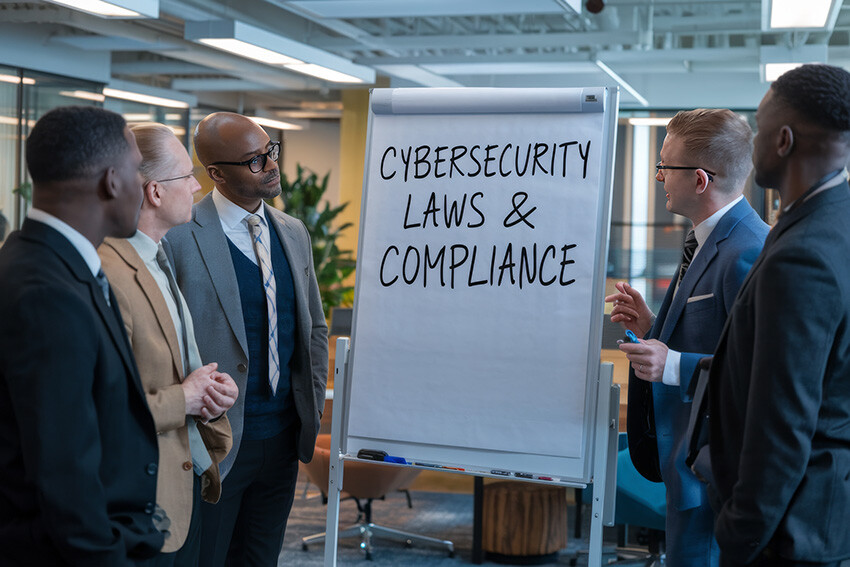 Executives discussing cybersecurity laws and compliance.