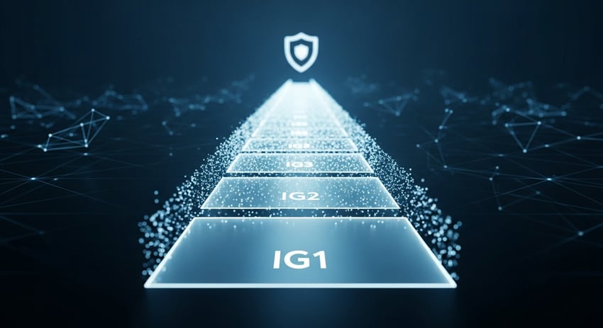 A digital path shows the prioritized steps of the CIS Controls Framework, labeled IG1, IG2, and IG3, leading to a security shield.