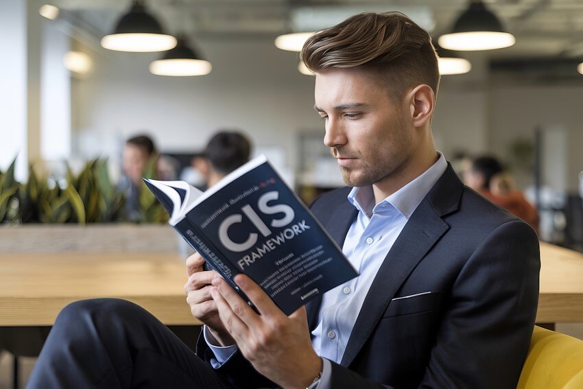 A cybersecurity engineer reading a book on the CIS Controls Framework.
