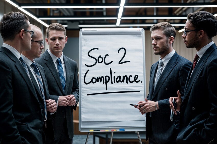 Group of executives reviewing SOC 2 compliance requirements during a strategy session in a modern office.