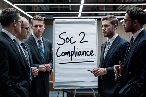 Group of executives reviewing SOC 2 compliance requirements during a strategy session in a modern office.