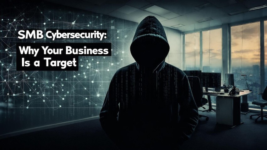 A dark, hooded figure stands in an office, symbolizing a cybersecurity threat to small businesses.