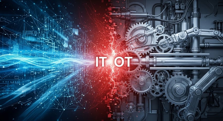 IT and OT systems converge in a factory, highlighting cybersecurity risks and vulnerabilities in digital environments.