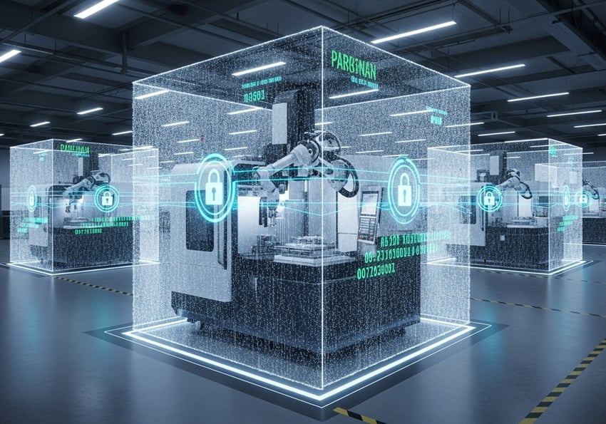 A smart factory with robotic systems secured by digital overlays highlighting cybersecurity and data protection.
