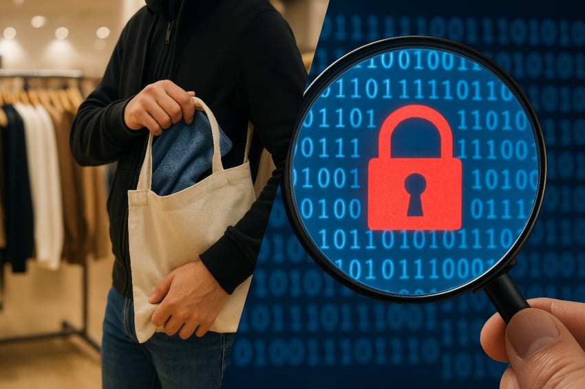 A conceptual image for retail cybersecurity, showing a shoplifter beside a magnified view of a red padlock on digital code.