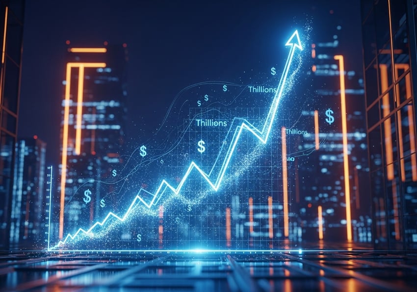 A glowing blue line graph shows a sharp upward trend, representing the growth of the global e-commerce market into trillions.