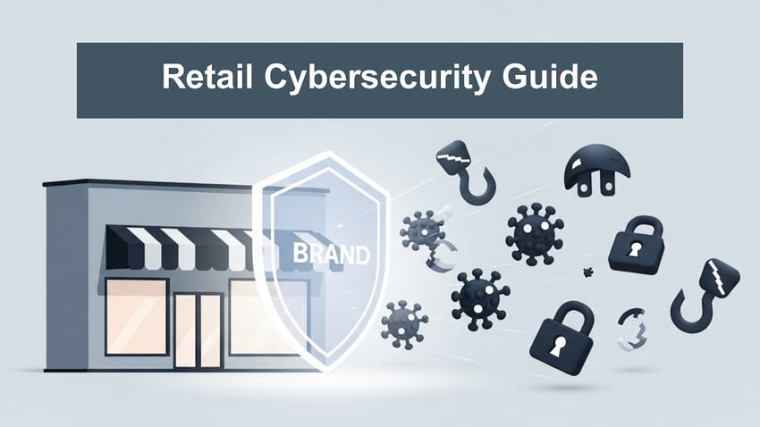 A fashionable woman reading a book titled "Modern Retail Cybersecurity" in a stylish store interior.