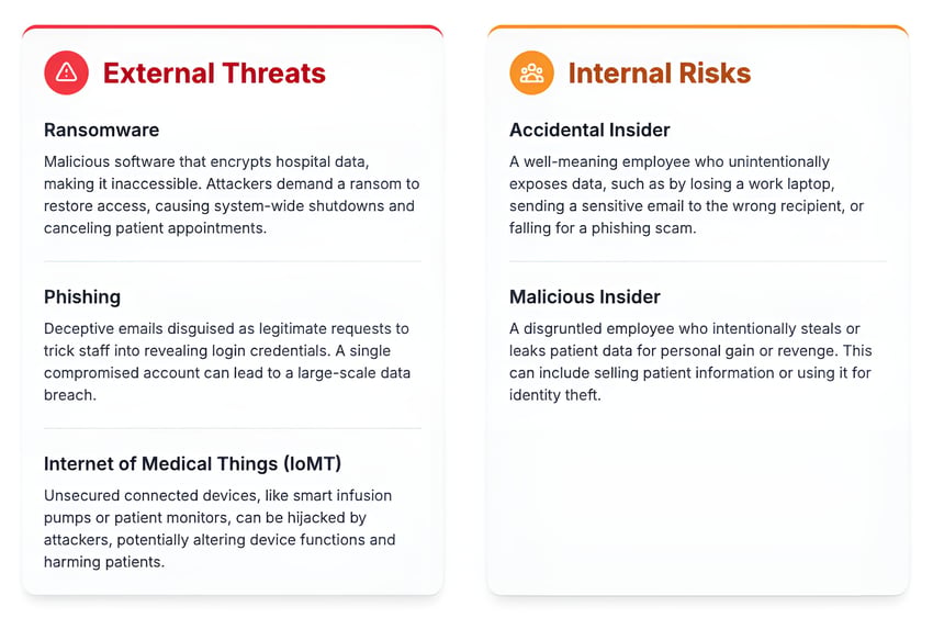 An infographic comparing External Threats like ransomware and phishing with Internal Risks like accidental and malicious insiders.